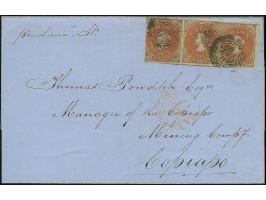 1857, Second London printing 5 c. red-brown on blued paper, horizontal right margin strip of three, nice colour, the left sta