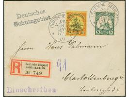 “DSP OST-AFRIKA-LINIE *q 17.1.09” (D. Feldmarschall) zweimal klar auf DSWA Kaiseryacht 5 und 25 Pfg. als tarifgerechte Franka