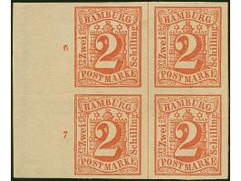 2 Sch. orangerot, 4er-Block, allseits breitrandig, links mit breitem Bogenrand mit Reihenzähler "6" und "7", ungebraucht ohne