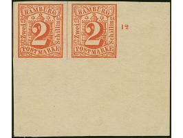 2 Sch. orangerot im waagerechten Paar aus der rechten unteren Bogenecke, dabei die rechte Marke ohne Wasserzeichen. Allseits 