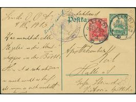 1915, Ganzsachenkarte 4 H. mit unötiger Zufrankatur Germania 10 Pfg. jeweils mit Stempel “LINDI DOA 9.3.15” und viel Text sow