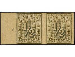 1852, 1/2 Sch. schwarz im waagerechten Paar, voll- bis breitrandig, links mit breitem Bogenrand und Reihenzähler “6”, ungebra
