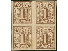 1 Sch. braun im 4er-Block, farbfrisch und voll- bis breitrandig, ungebraucht mit Originalgummi. Schöne und einwandfreie Erhal