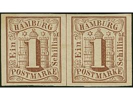 1 Sch. braun im waagerechten Paar, farbfrisch und voll- bis breitrandig, ungebraucht mit Originalgummi. Tadellos. Eine recht 