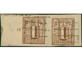 1 Sch. braun, allseits breitrandiges linkes Randstück mit ca. 16 mm Bogenrand mit Reihenzähler “12”, zusammen mit weiterer vo