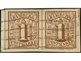 1 Sch. braun im waagerechten Paar, farbfrisch und allseits breitrandig, mit sauber aufgesetzten Strichstempeln auf kleinem Br
