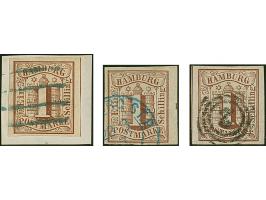 1 Sch. braun, 3 voll-bis breitrandige Einzelwerte mit seltenen Entwertungen: mit blauem Strichstempel auf Briefstück, linkes 