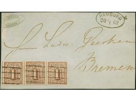 1 Sch. braun im waagerechten Dreierstreifen, voll- bis breitrandig und farbfrisch, mit jeweils sauber aufgesetztem Strichstem