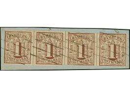 1 Sch. braun im waagerechten 4er-Streifen, Die beiden rechten Werte unten leicht berührt, sonst voll-bis breitrandig, mit jew