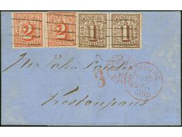 1 Sch. braun und 2 Sch. rot, je im waagerechten Paar, die rechte 1 Sch. rechts ergänzt, sonst alle voll- bis meist breitrandi