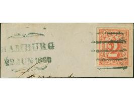 2 Sch. rot , farbfrisch und allseits breitrandig, mit sauber aufgesetztem schwarzblauen Strichstempel und nebengesetztem Schm