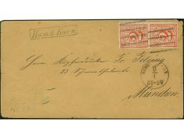 2 Sch. rot im senkrechten Paar, voll- bis breitrandig und farbfrisch, mit sauber aufgesetzten Strichstempeln und nebengesetzt