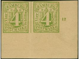 4 Sch. gelbgrün im waagerechten Paar aus der rechten unteren Bogenecke mit breiten Bogenrändern und Reihenzähler “12”, ungebr