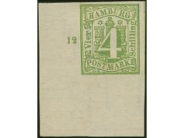 4 Sch. gelbgrün aus der linken unteren Bogenecke mit breiten Bogenrändern, Reihenzähler “12” Und großen Teil des Randwasserze