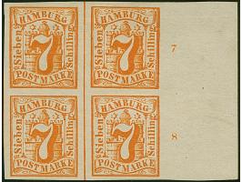 7 Sch. orange im 4er-Block, schöne tiefe Farbe und allseits breitrandig, rechts mit ca mm Bogenrand mit Reihenzählern “7” und