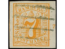 7 Sch. orange, farbfrisch und breitrandig, rechts mit schmalem Bogenrand mit Reihenzähler “7”, sauber entwertet durch Strichs