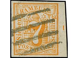 7 Sch. orange, farbfrisch und voll- bis breitrandig, rechts mit schmalem Bogenrand mit Reihenzähler “1”, sauber entwertet dur