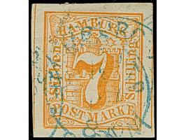 7 Sch. orange, farbfrisch und breitrandig, Entwertet durch blauen DKr. des Hamburger Stadtpostamtes. Eine sehr seltene Späten