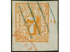 7 Sch. orange, farbfrische und breitrandige rechte untere Bogenecke mit je ca. 5 mm Bogenrändern und rechts Reihenzähler “12”