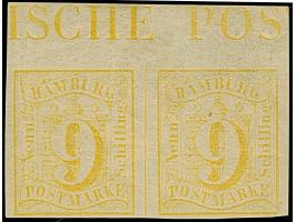 9 Sch. orangegelb, waagerechtes Paar in der typischen Farbe der frühen Auflage, voll-bis breitrandig, oben mit Bogenrand und 