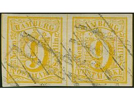 9 Sch. orangegelb im waagerechten Paar, farbfrisch und allseits breitrandig geschnitten, links und rechts mit voller Trennung