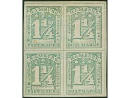 1¼ Sch. grünlichgrau im 4er-Block (Typen 3/4/7/8), voll- bis breitrandig, ungebraucht mit Originalgummi. Tadellos. Eine selte