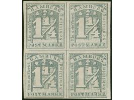 1¼ Sch. grau im 4er-Block (Typen 9/10/1/2), voll- bis breitrandig, ungebraucht mit nicht originalem Gummi. Senkrecht zwischen