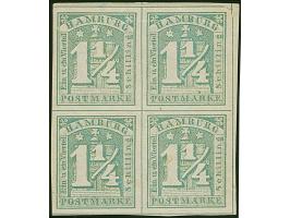 1¼ Sch. grünlichgrau im 4er-Block (Typen 3/4/7/8), farbfrisch und allseits breitrandig, ungebraucht mit Originalgummi. Rechts