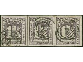 1¼ Sch. dunkelviolett im waagerechten 3er-Streifen (Typen 2/3/4), farbfrisch und allseits breitrandig, sauber entwertet durch