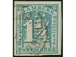 1¼ Sch. stumpfblau, farbfrisch und voll- bis meist breitrandig, sauber entwertet durch apptierten dänischen EKr. Bis auf winz