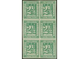 2½ Sch. grün im senkrechten 6er-Block (Typen4/1/8/5/12/9), farbfrisch und allseits breitrandig, ungebraucht mit Originalgummi
