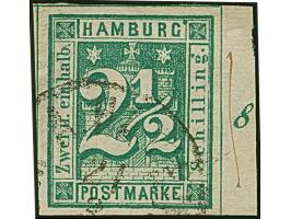 2½ Sch. grün, allseits breitrandig, rechts mit schmalem Bogenrand und Reihenzähler “8”, leicht entwertet durch EKr. des Stadt