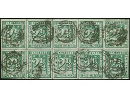 2½ Sch. grün im waagerechten 10er-Block farbfrisch und voll- bis meist breitrandig, jeder Wert einzelnen entwertet durch Nr. 