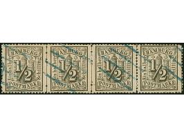 ½ Sch. schwarz im waagerechten Viererstreifen, farbfrisch und gut gezähnt, sauber entwertet durch schwarzblauen Strichstempel