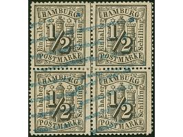 ½ Sch. schwarz im 4er-Block, farbfrisch und gut gezähnt, sauber entwertet durch schwarzblauen Strichstempel. Eine große Selte