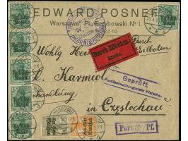 1920, Germania 2½ und 7½ Pfennig sowie 6 Einzelwerte 5 Pfennig, sauber mit Stempel "WARSCHAU 25.9.16" auf Eilboten-Firmenbrie