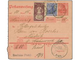 Westpreussisches Abtretungsgebiet 1920: Postanweisungsganzache Germania 10 Pfennig mit Zufrankatur 20 Pfennig als Aufbrauchsv