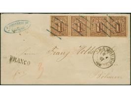 1 Sch. braun im waagerechten 4er-Streifen, farbfrisch und gut gezähnt, mit sauberaufgesetztem Strichstempel und nebengesetzte