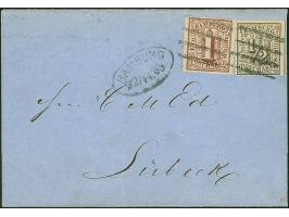 1⁄2 Sch. schwarz und 1 Sch. braun, farbfrisch und gut gezähnt, mit sauber aufgesetztem Strichstempel und nebengesetztem Ovals