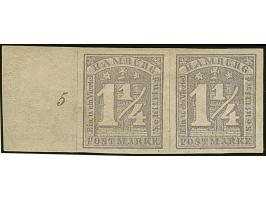 1¼ Sch. graupurpur, ungezähntes waagerechtes Paar, allseits breitrandig, links mit breitem Bogenrand mit Reihenzähler “5”, un