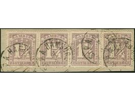 1¼ Sch. graupurpur im waagerechten Viererstreifen, mit EKr. “St.P.A.HAMBURG 4 8” auf kleinen Briefstück. Eine recht seltene E