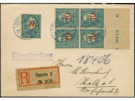 1920, 10 Pfennig auf 20 Pfennig dunkelgraublau, Unterrandviererblock mit Druckdatum “X 9012 6” (X winzig beschnitten) sowie E