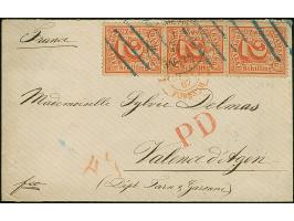 2 Sch. orangerot, 3 Einzelstücke als senkrechter Streifen geklebt, mit blauem Strichstempel und teils zusätzlich aufgesetztem