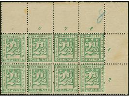 2½ Sch. grün, klarer Druck, waagerechter 8er-Block aus der rechten oberen Bogenecke mit breiten Bogenrändern, ungebraucht mit