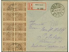 1919, Flower Design 35 penni brown, block of ten, with Baltiski postmaster perforation, tied by cds. “BALTISKI 16 7 19” to re