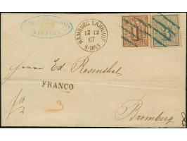1 Sch. braun und 3 Sch. ultramarinblau, mit blauem Strichstempel und nebengesetztem EKr. “HAMBURG BAHNHOF 17 12 67” auf Brief