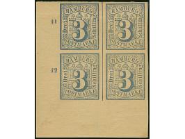 3 Sch. ultramarin, ungezähnt, im 4er-Block aus der linken unteren Bogenecke mit Reihenzählern “11” und “12” und großem Teil d