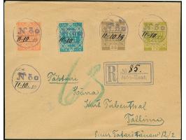 "Nöo",&nbsp;provisional cancel with handwritten date “11-10 19” on Flower 5-15 kopeks and 35-70 penni, on registsred cover to
