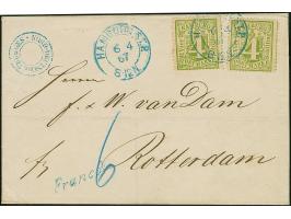 4 Sch. grün, einzeln bzw zwei Stück auf zwei Briefen der 1. bzw 2. Gewichtsstufe derselben Korrespondenz, je mit blauem DKr. 