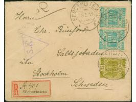 "WEISSENSTEIN 8 5 19" (PAIDE), provisional cyrillic cds. on horizontal pair Flower 15 kopek and 70 penni olive, all with post